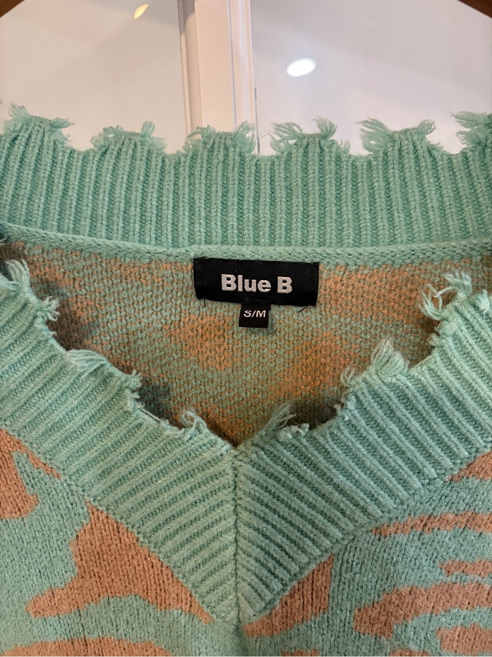 Blue B Mint Green Tan Leopard Print V Neck Sweater Distressed Fringe Trim Boho - Picture 2 of 5